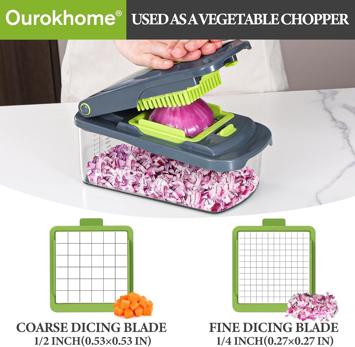 Ourokhome Veggie Chopper and Dicer with Container, Manual Hand Food Mandolin Slicer with 4 in 1 Handheld Vegetable Spiralizer for Zucchini, Potato, Onion, Essential Kitchen Gadgets (12 in 1, Gray)