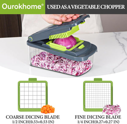 Ourokhome Veggie Chopper and Dicer with Container, Manual Hand Food Mandolin Slicer with 4 in 1 Handheld Vegetable Spiralizer for Zucchini, Potato, Onion, Essential Kitchen Gadgets (12 in 1, Gray)