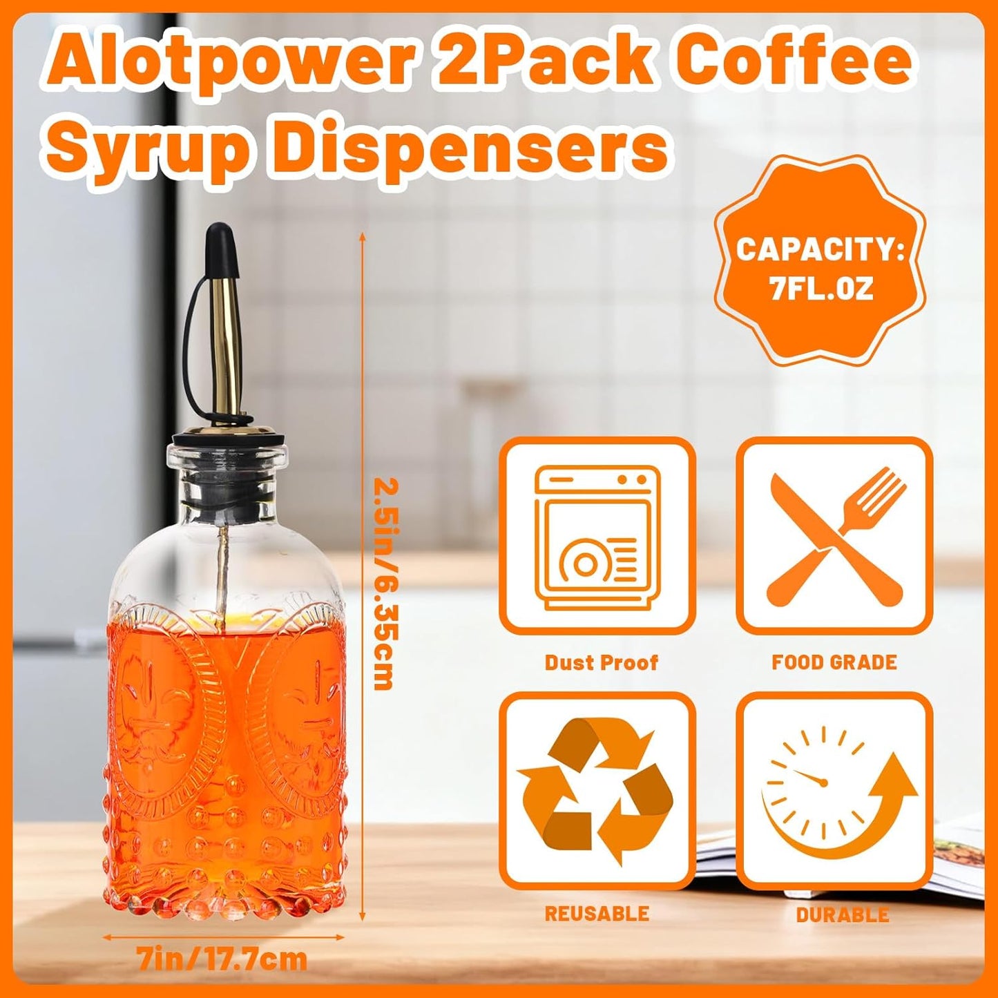 7oz Glass Coffee Syrup Dispenser, 4-Pack Complete Set with Funnel, Brush, Stoppers & Accessories - Syrup Bottles for Coffee Bar with Metal Pour Spout, Ideal for Maple,Oil, Vinegar,Cooking wine