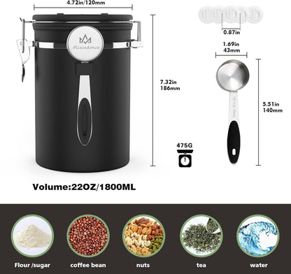 Coffee canister for ground coffee with Scoop Date Tracker One Way Co2 Valve 304 Stainless Steel Kitchen Food Airtight storage container for Coffee Beans,Grounds,Tea,Sugar (Black, 16oz)