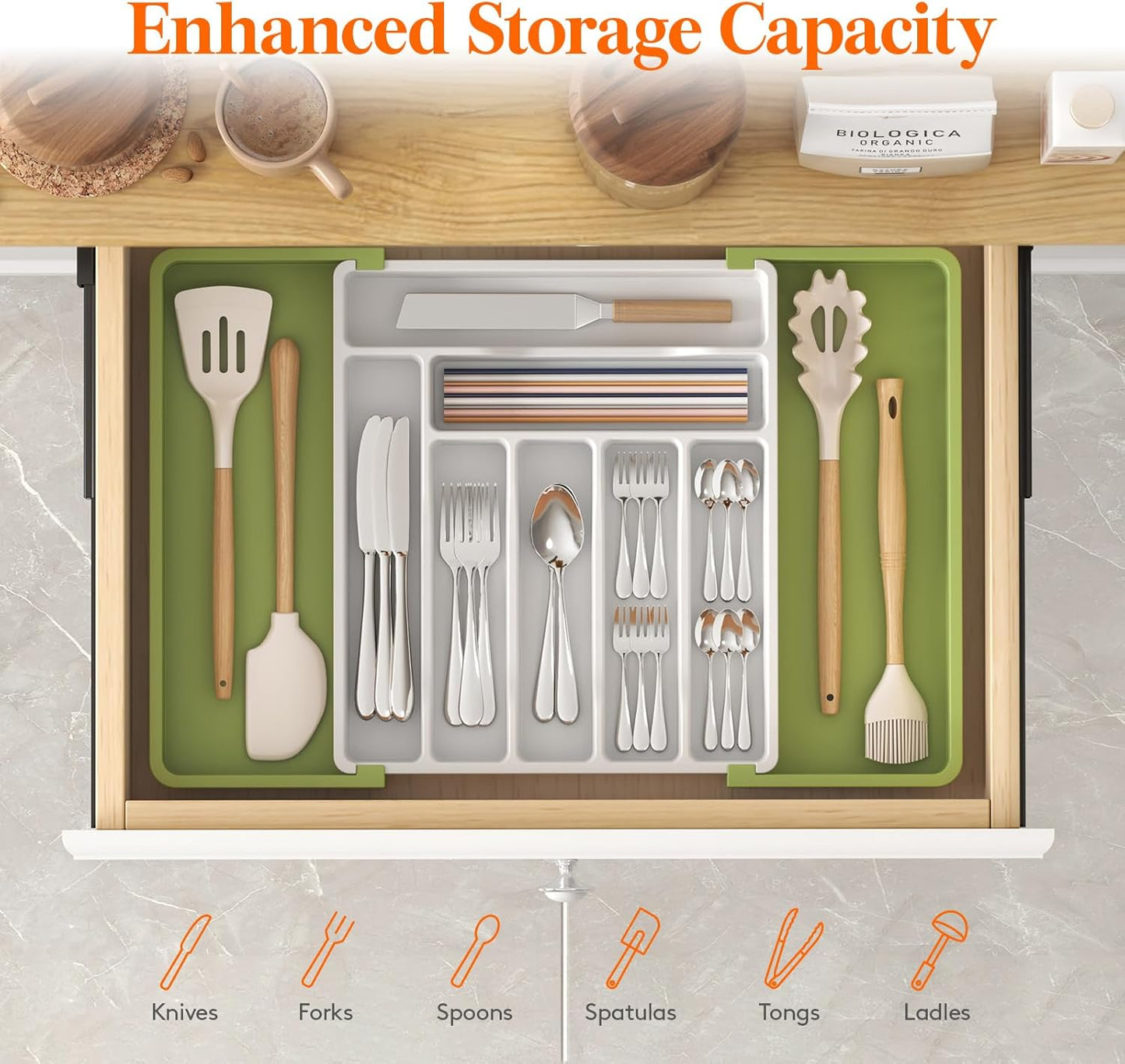 Lifewit Utensil Organizer for Kitchen Drawer, Expandable Cooking Silverware Tray, Adjustable Cutlery Flatware Holder, Plastic Spatula Tools Storage Divider, 14.4 x 15.8", Black