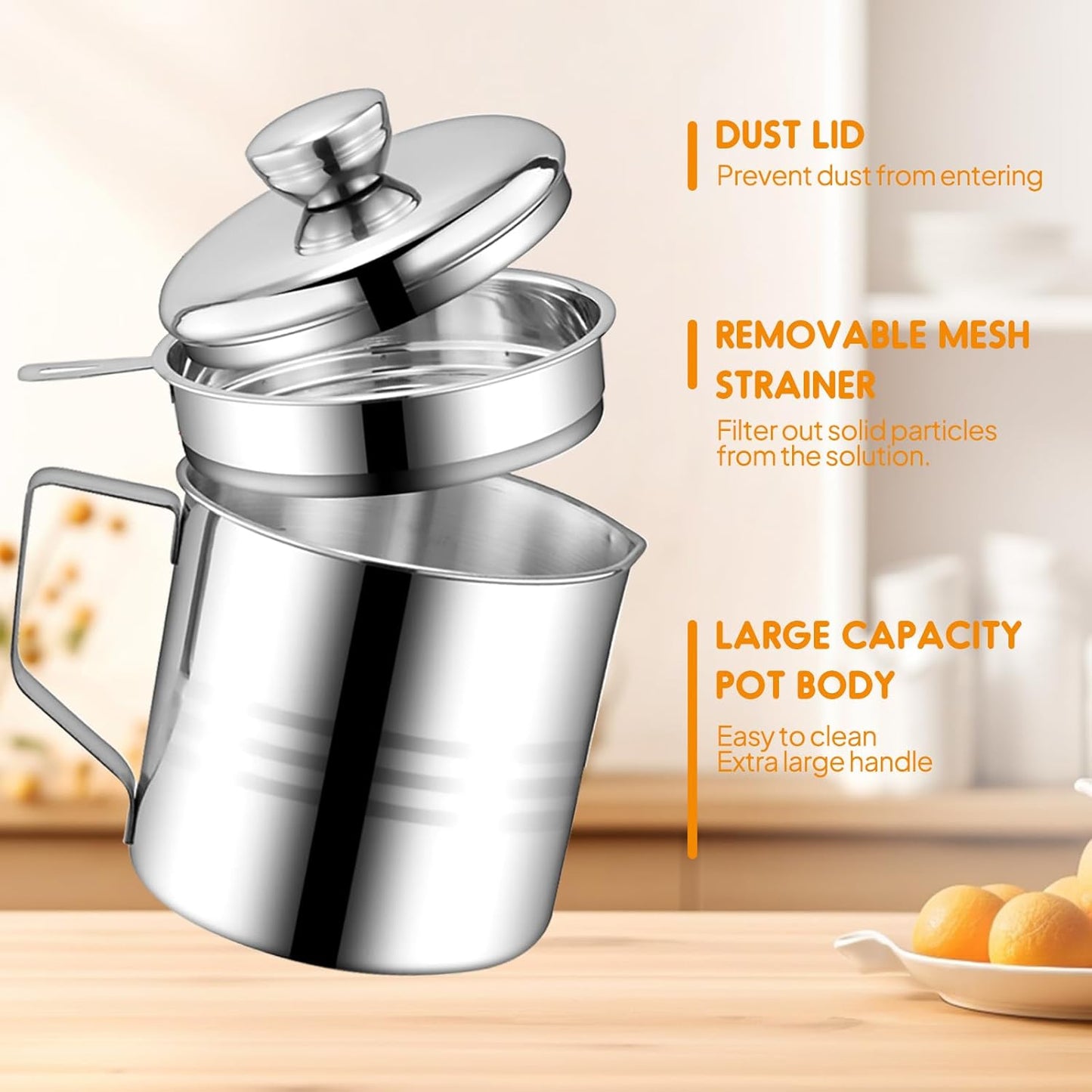 Chihee Grease Container Stainless Steel Bacon Grease Saver with Fine Mesh Strainer 2L / 67.6 fl oz Cooking Oil Keeper Stoarge Can with Dust-proof Lid Non-slip Tray for Kitchen Frying