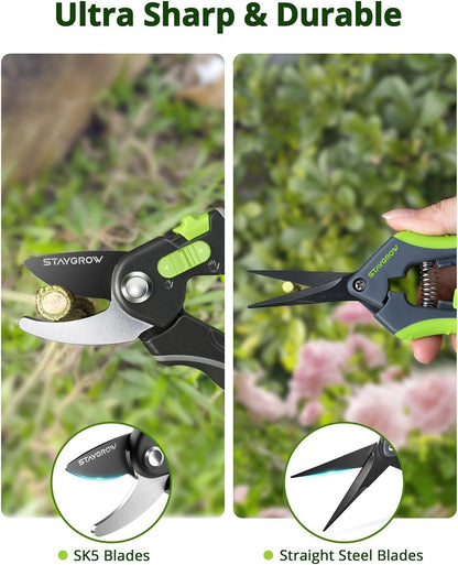 2pcs 6.5" Pruning Shears for Gardening, Ultra Sharp Garden Scissors for Precise Cuts, Stainless Steel Bonsai Clippers with Spring Loaded, 6.5 Inch Garden Shears (1pc Straight & 1pc Curved)