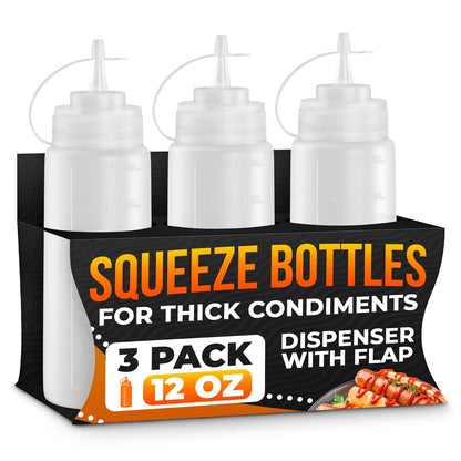 Set of 3 Inverted Condiment Squeeze Bottles 16 oz – Upgraded Design with Added Sealing Gaskets, Self-Closing Valve, Easy-to-Fill Clear Bottles for Sauces, Dressings, Ketchup, Mustard for Everyday Use
