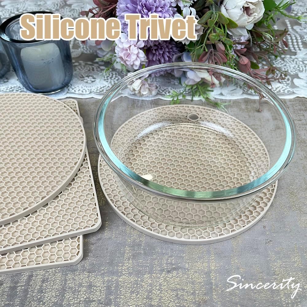 4 Pieces Silicone Trivet Mats, Pot Holders, Kitchen Tools, Heat Resistant Non-Slip Durable Pads for Dishes, Bowls, Jar Opener, Easy to Wash and Dry Pan Cushions (Beige)