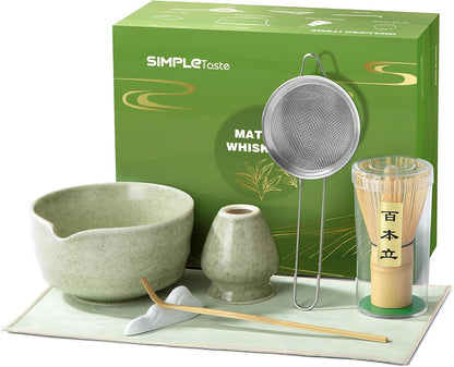 SIMPLETaste Matcha Whisk Set, 7 Pcs Ceramic Matcha Kit Includes Bowl, Whisk and Holder, Bamboo Scoop, Scoop Rest, Sifter and Tea Towel - Matcha Kit for Macha Lovers (Pink)