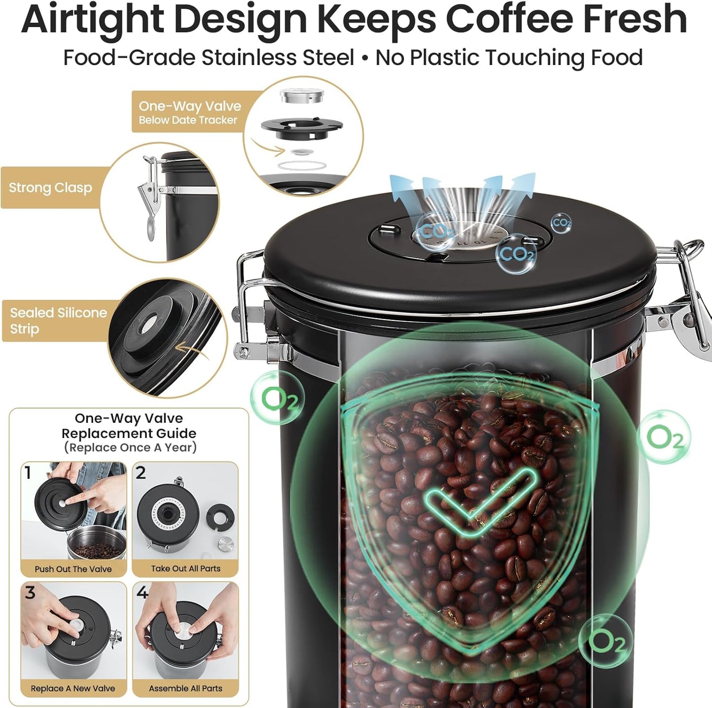 Veken Coffee Canister, Airtight Stainless Steel Kitchen Food Storage Container with Date Tracker and Scoop for Beans, Grounds, Tea, Flour, Cereal, Sugar, Cookie, 16OZ, Cream