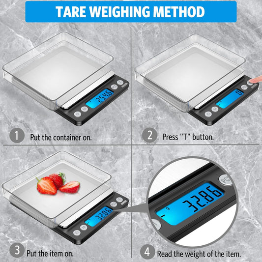 (Upgraded) AMIR Digital Kitchen Scale, 500g Mini Pocket Jewelry Scale, Food Scale, Coffee Scale, Back-Lit LCD Display, 2 Trays, 6 Units, Auto Off, Tare, PCS, Stainless Steel (Batteries Included)
