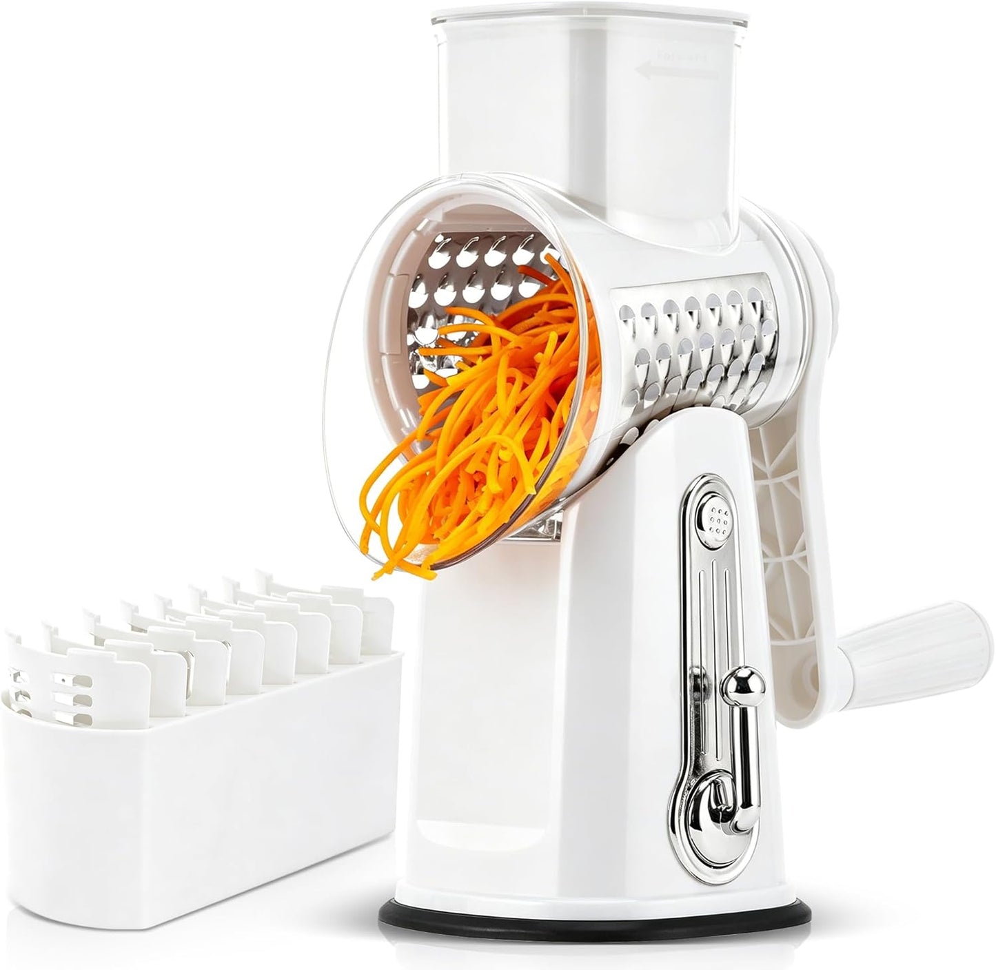 SUSTEAS Rotary Cheese Grater with Handle - Vegetable Shredder with 5 Well-designed Blades & Strong Suction Base,Round Mandoline Slicer & Food Chopper for Kitchen,with Blade Storage Box(Beige)