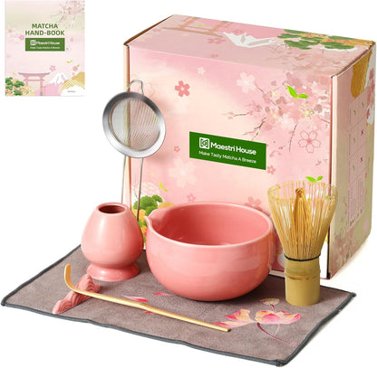 Maestri House Matcha Whisk Set, 7-Pc Complete Matcha Kit with Spouted Ceramic Bowl, Bamboo Whisk and Holder, Scoop, Spoon Rest & Sifter, Tea Cloth – Ideal Gift for Matcha Lovers (Green)