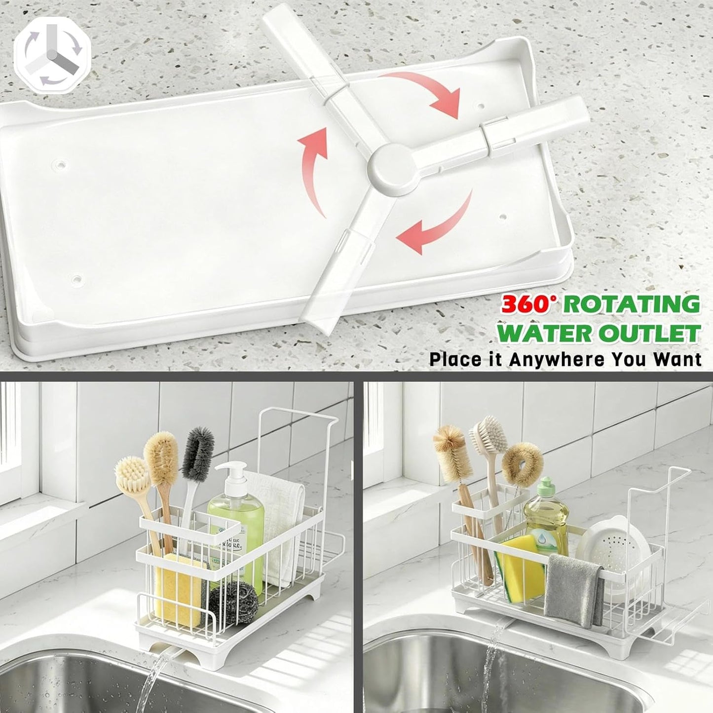 Sponge Holder for Kitchen Sink, Sink Caddy Organizer with Detachable Cloth & Brush Holder, Self-Draining Sponge Caddy Organizer with 360° Rotatable Spout, Kitchen Countertop Storage Accessories(White)