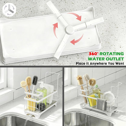 Sponge Holder for Kitchen Sink, Sink Caddy Organizer with Detachable Cloth & Brush Holder, Self-Draining Sponge Caddy Organizer with 360° Rotatable Spout, Kitchen Countertop Storage Accessories(White)