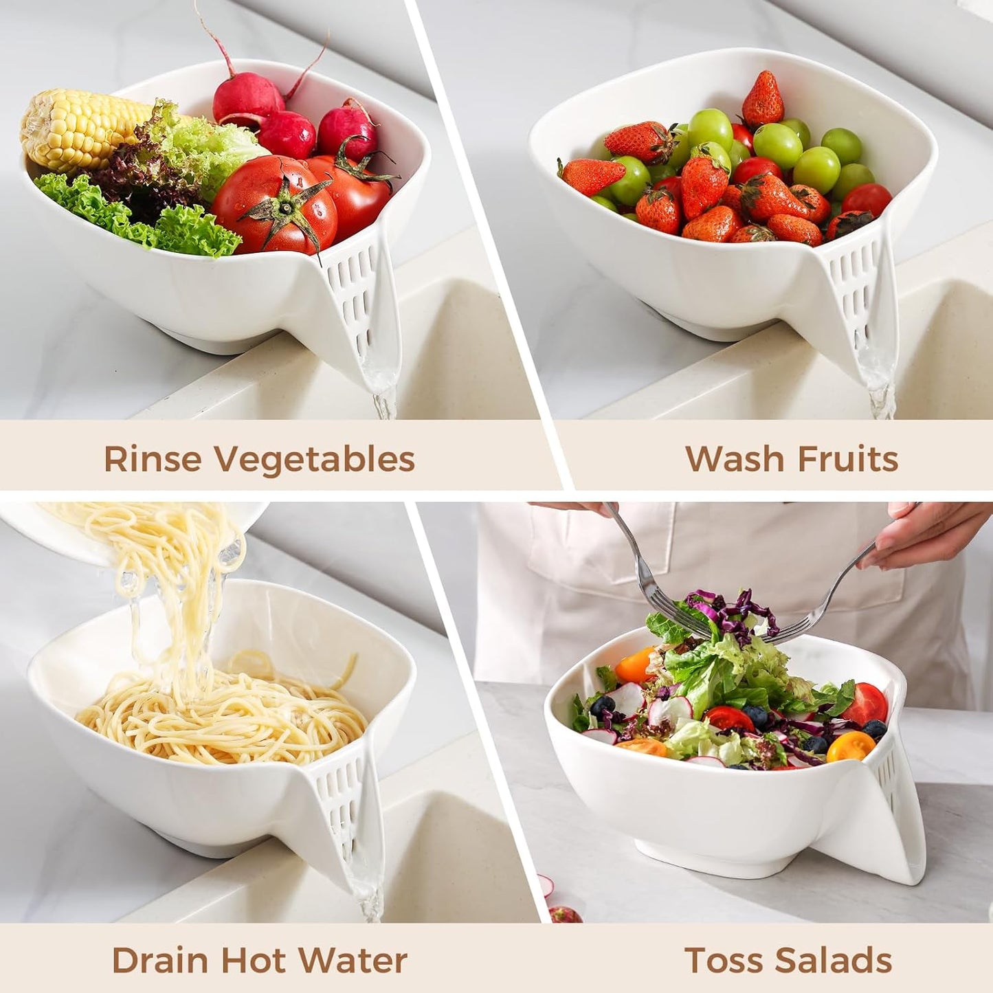 Dizada Ceramic Drain Basket 60 Oz - Porcelain Colander with Integrated Spout for Kitchen, Food Strainer for Vegetables, Fruit, Pasta, Heat-Resistant Dishwasher Safe