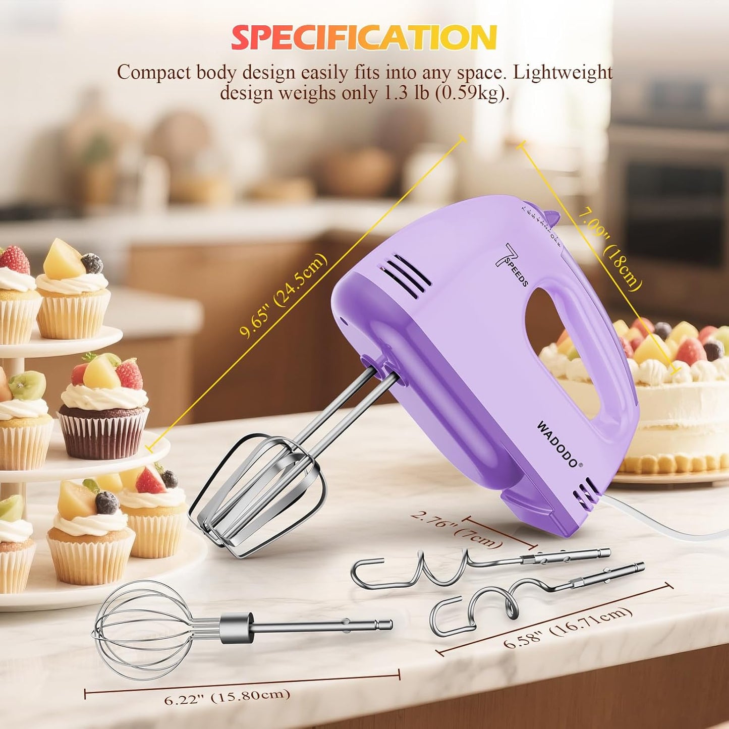 WADODO 7-Speed Electric Hand Mixer – Portable Food Mixer Kitchen Mixer with 304 *(1x Whisk, 2x Beater, 2x Dough hook) for Baking Cakes, Cream, Cookies, Light Pink