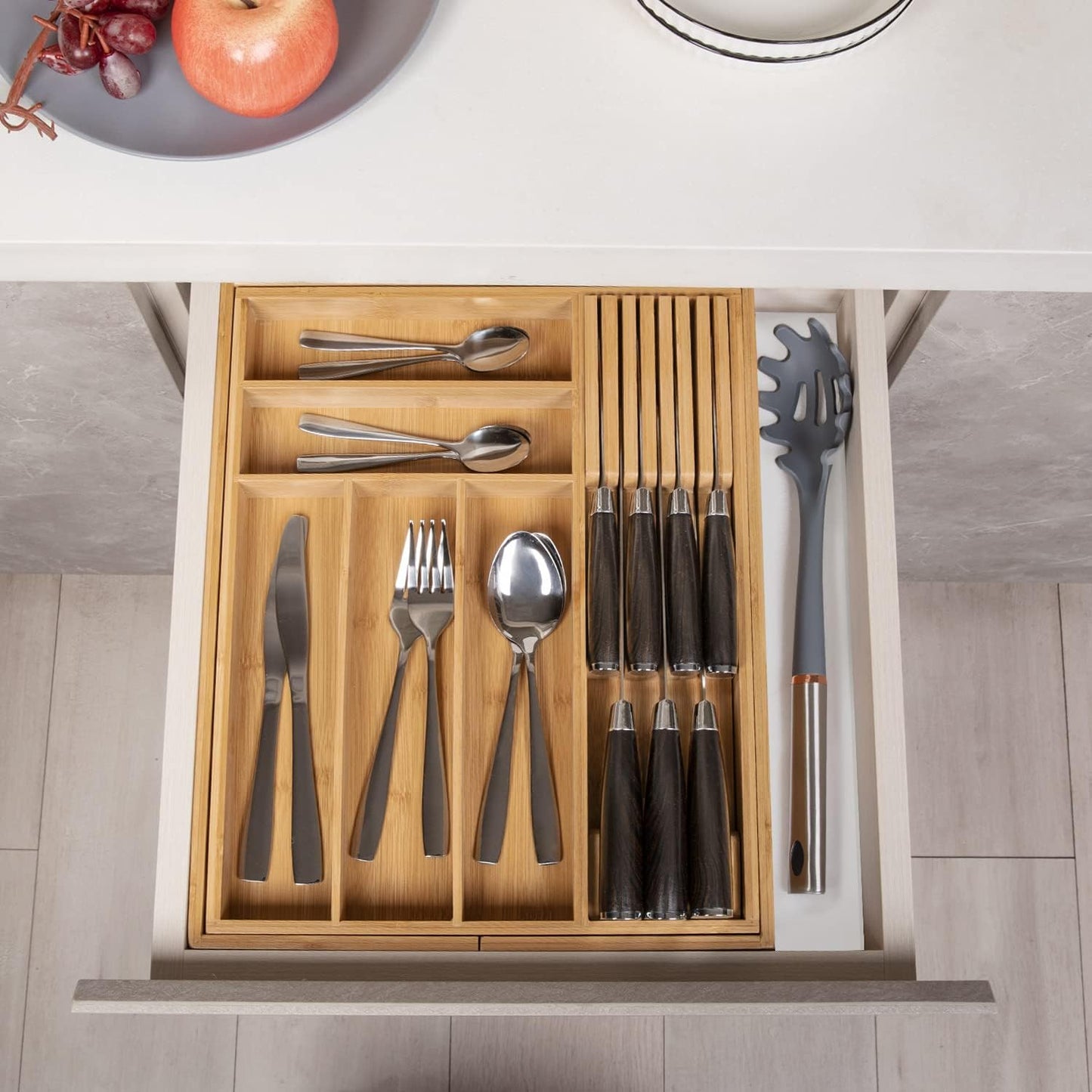 TIOPGHAD Small-Bamboo-Silverware-Drawer-Organizer, Expandable Utensil Kitchen Cutlery Tray Flatware Organization Adjustable Wood Tableware Dividers Storage (with Removable Knife Block)(Natural)
