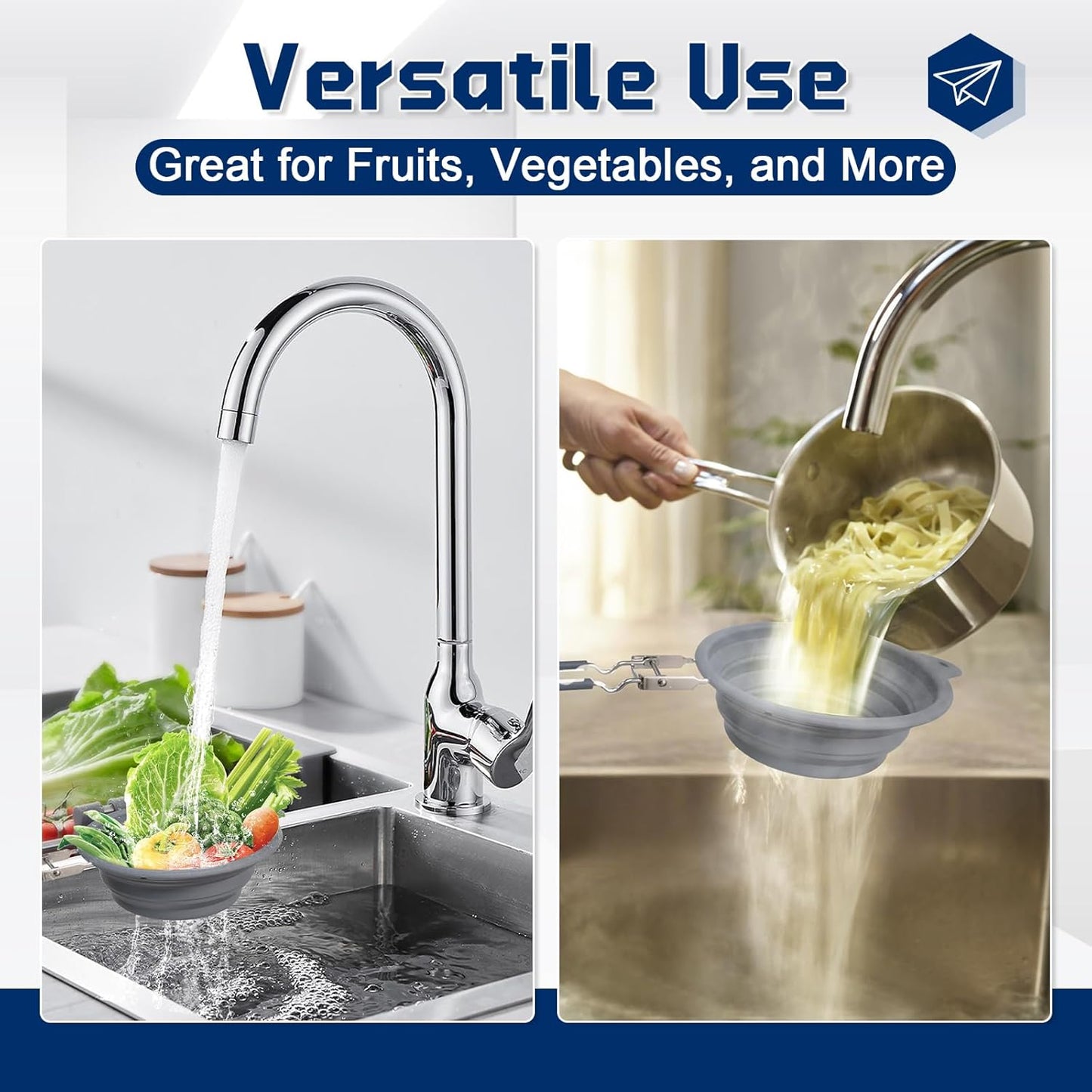 Collapsible Colander with Handle, 17cm Silicone and Stainless Steel Strainer for Pasta Vegetables Fruits, Foldable Space-Saving Kitchen Strainer Basket, Dishwasher Safe ﻿