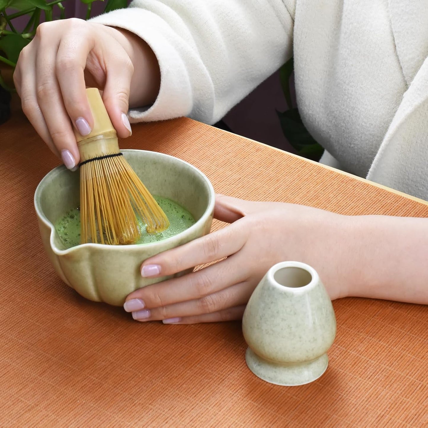 Artcome 4 Pcs Japanese Matcha Tea Set - Matcha Bowl with Pouring Spout, Matcha Whisk, Tea Scoop, Whisk Holder, Handmade Matcha Ceremony Kit For Japanese Tea Ceremony, Rose