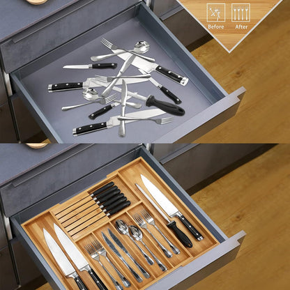 VaeFae Bamboo Silverware Drawer Organizer Kitchen, Expandable Utensil Organizer with Knife Block, Cutlery Tray with Divider, Multifunctional Drawer Organizer (Black)