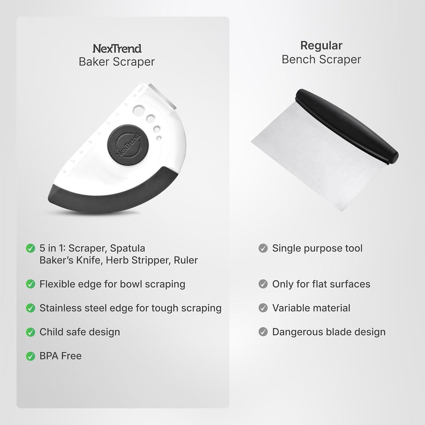 5-in-1 Dough Scraper & Flexible Bowl Scraper by Nextrend, Bread Scraper with Stainless Steel Edge, Ruler & Herb Stripper – BPA Free, Dishwasher Safe - Red