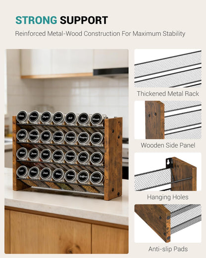 NESAPTO Spice Rack Organizer for Cabinet, Wood 4-Tier Vertical Seasoning Organizer, Wall Mount or Countertop Spice Shelf, Holds 28 Jars (No Jars Included), 14" W x 9.4" H