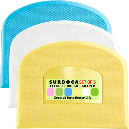 SURDOCA Dough Scraper Bench Scraper - 3P 4.7x3.7" Plastic Flexible Bowl Scraper, Sharp Edge & Angles Cake Scraper. Non-Slip Bakeware Decorating Tools Sculpting & Modeling Tools - Green+White+Green - Colors B