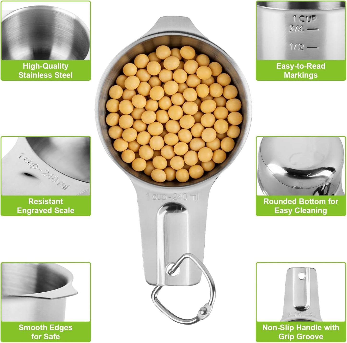 7 Pcs Gold Measuring Cups Stainless Steel, Nesting Metal Measuring Cups with Markings & Ring, Stackable Measure Cups Spoons Set for Cooking Baking Supplies, Kitchen Utensils for Dry Liquid Ingredients