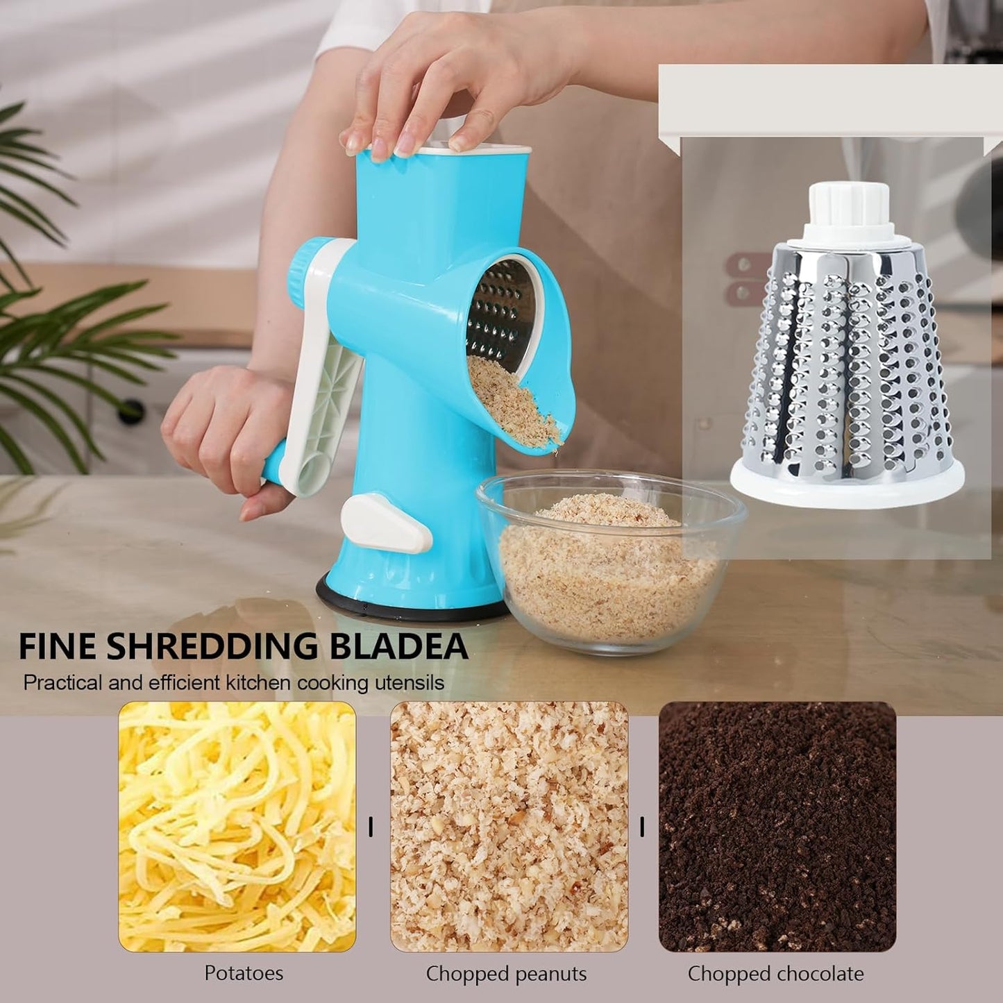Rotary Cheese Grater with Handle-Versatile Cheese Grater Non-Slip Suction Base,Cheese Shredder & Food Slicer for Cheese,Carrots, Cucumbers,Nuts-Compact & Easy Clean Kitchen Kitchen Tool (blue)