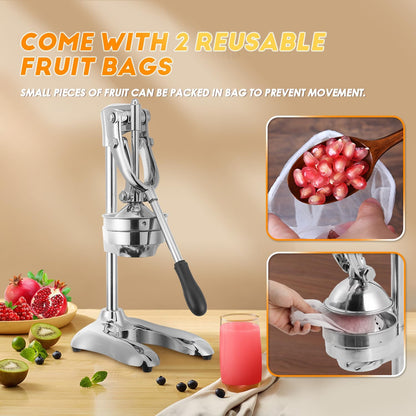 Moongiantgo Commercial Manual Juicer, Heavy Duty Hand Press Juice Extractor with 2 Reusable Fruit Bags, Easy to Clean Professional Fruit Squeezer for Citrus Orange Lemon Lime Pomegranate Grapefruit