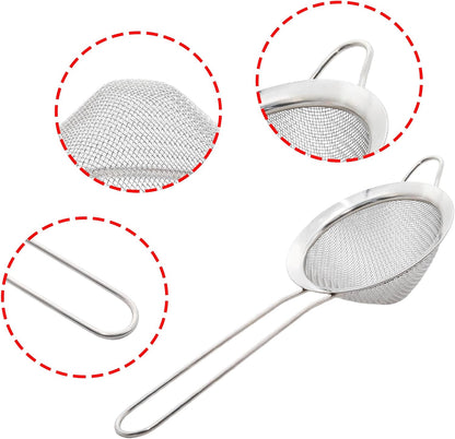 Black Fine Mesh Strainer - 304 Stainless Steel Handheld Sieve, Small Kitchen Filter for Baking, Tea & Cocktail Making(8.3inch)