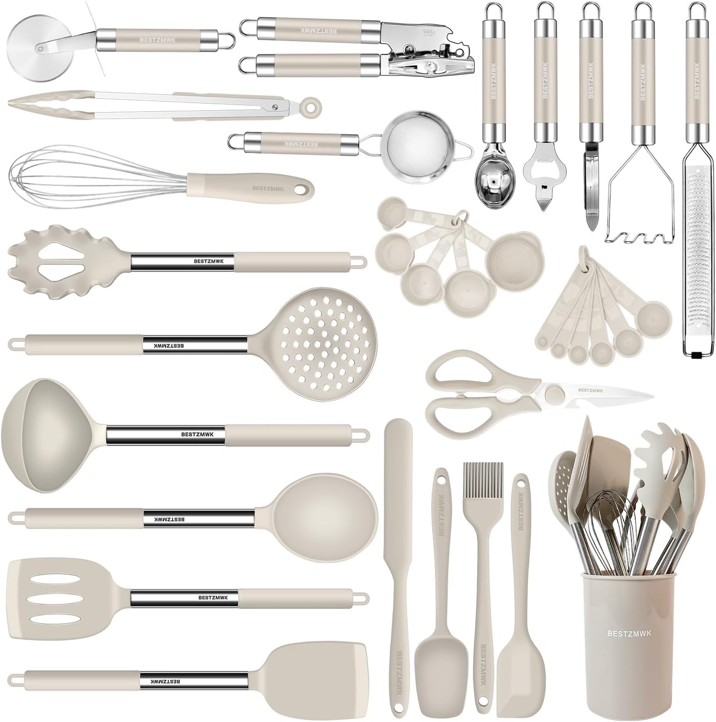 Kitchen Utensils Set-Silicone Cooking Utensils-32 pcs Non-Stick Silicone Cooking Kitchen Utensils Spatula Set with Holder-Best Kitchen Cookware with Stainless Steel Handle (Black)