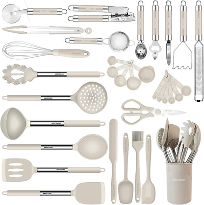 Kitchen Utensils Set-Silicone Cooking Utensils-32 pcs Non-Stick Silicone Cooking Kitchen Utensils Spatula Set with Holder-Best Kitchen Cookware with Stainless Steel Handle (Black)
