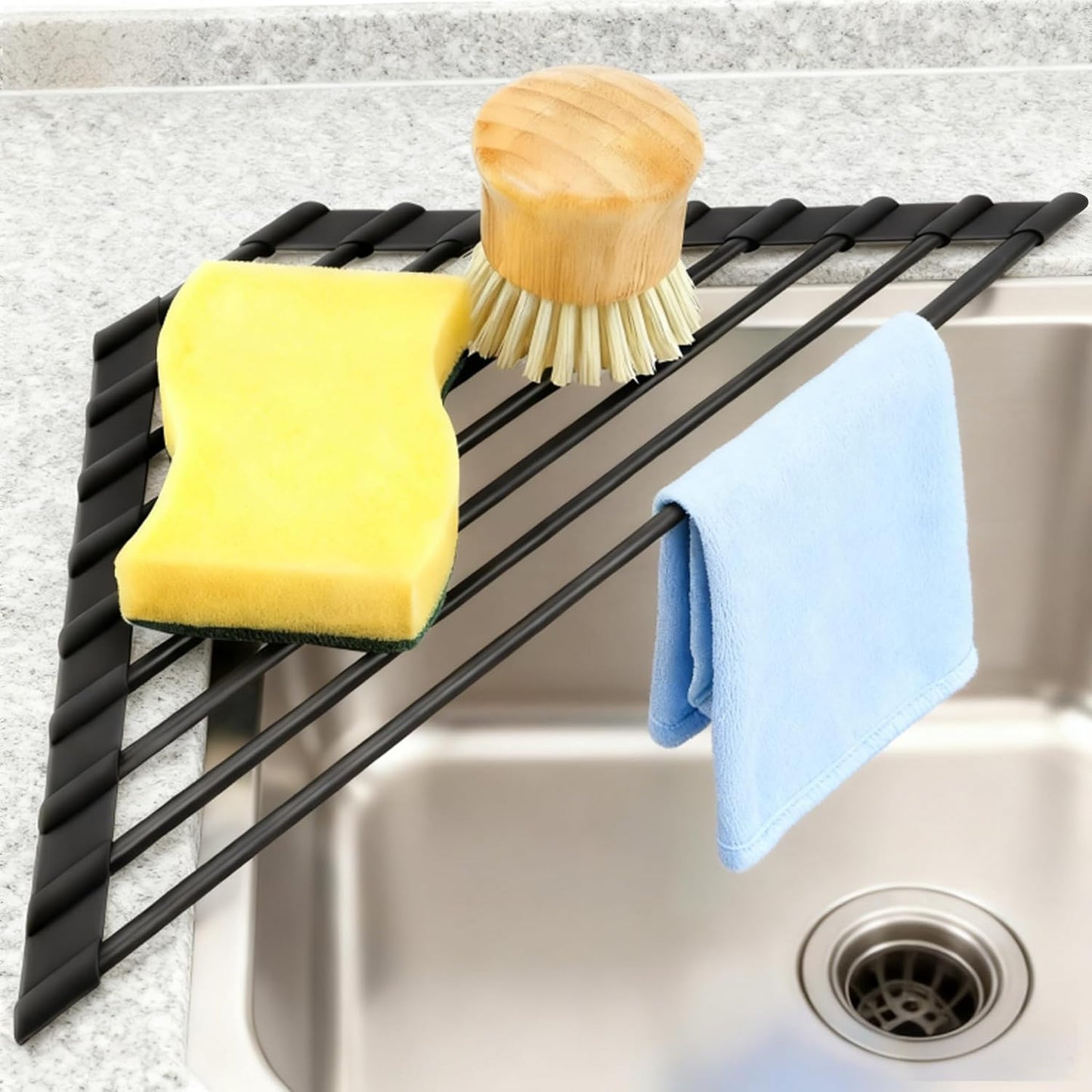 MERRYBOX Roll Up Over The Sink Dish Drying Rack Silicone Wrapped Foldable, Heat-Resistant, Anti-Slip Sink Rack Multipurpose Dish Drainer for Kitchen Sink Counter - White, 17.5" x 11"