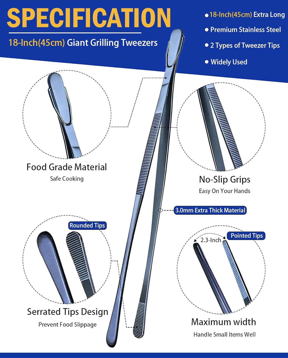 JETKONG 2 Pcs 12-Inch Kitchen Tweezers Fine Tweezer Tongs, Extra-Long Stainless Steel Cooking Tweezers (Silver)