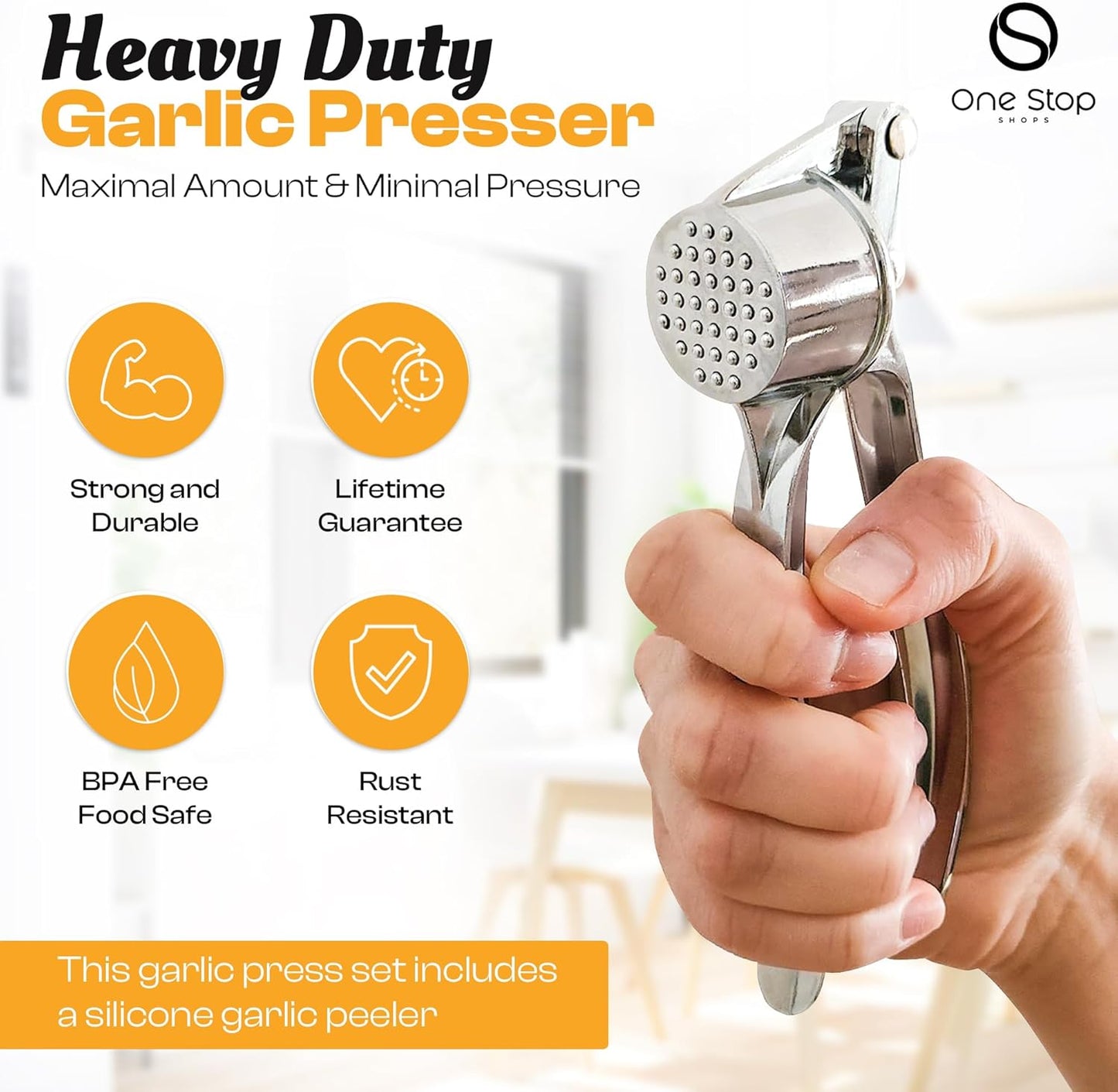 Garlic Press Premium 3 Piece Set - Dishwasher Safe Professional Mincer with Soft Ergonomic Handle, Silicone Peeler, and Cleaning Brush