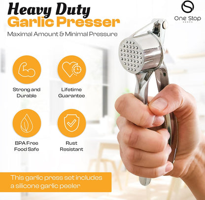 Garlic Press Premium 3 Piece Set - Dishwasher Safe Professional Mincer with Soft Ergonomic Handle, Silicone Peeler, and Cleaning Brush