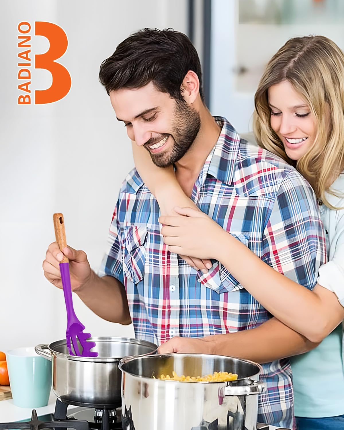 Silicone Pasta Fork, Kitchen Heat Resistant Noodle Spoon Server, BPA Free Spaghetti Strainer,12.8 inch (Khaki)