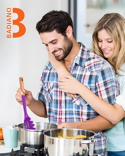 Silicone Pasta Fork, Kitchen Heat Resistant Noodle Spoon Server, BPA Free Spaghetti Strainer,12.8 inch (Khaki)