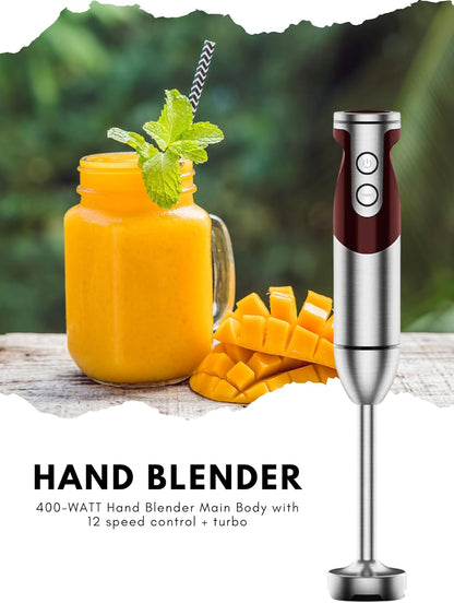 Megawise High-Power Hand Blender – 400W Max Power with Versatile 3-in-1 Attachments (Blending Shaft, Whisk, Chopper); Ergonomic Design with Adjustable Speed Control; Easy to Clean and Maintain (Black)