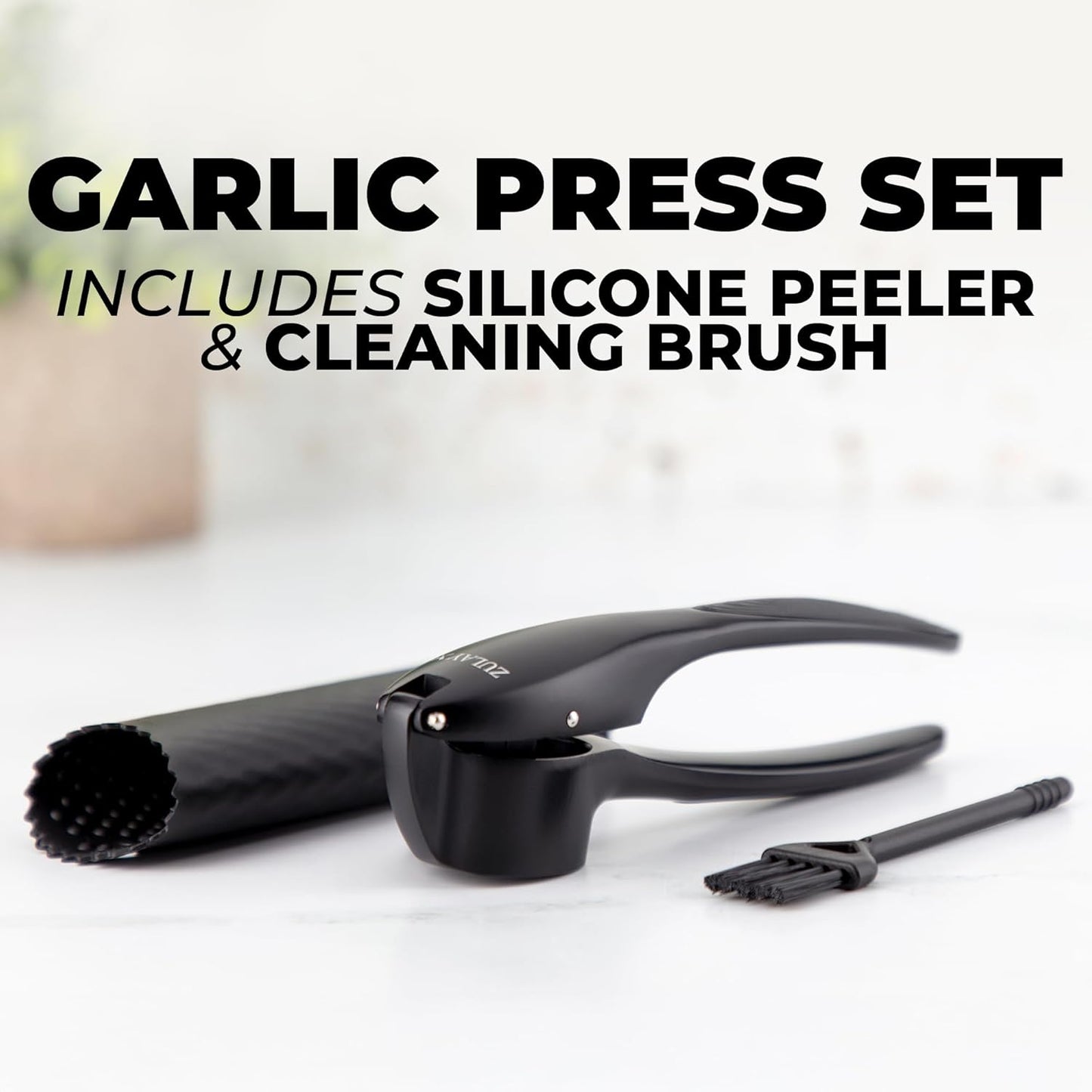 Zulay Kitchen Premium Garlic Press Set - Rust Proof Professional Garlic Mincer Tool - Easy-Squeeze, Easy-Clean with Soft, Ergonomic Handle - Silicone Garlic Peeler & Brush (Silver)