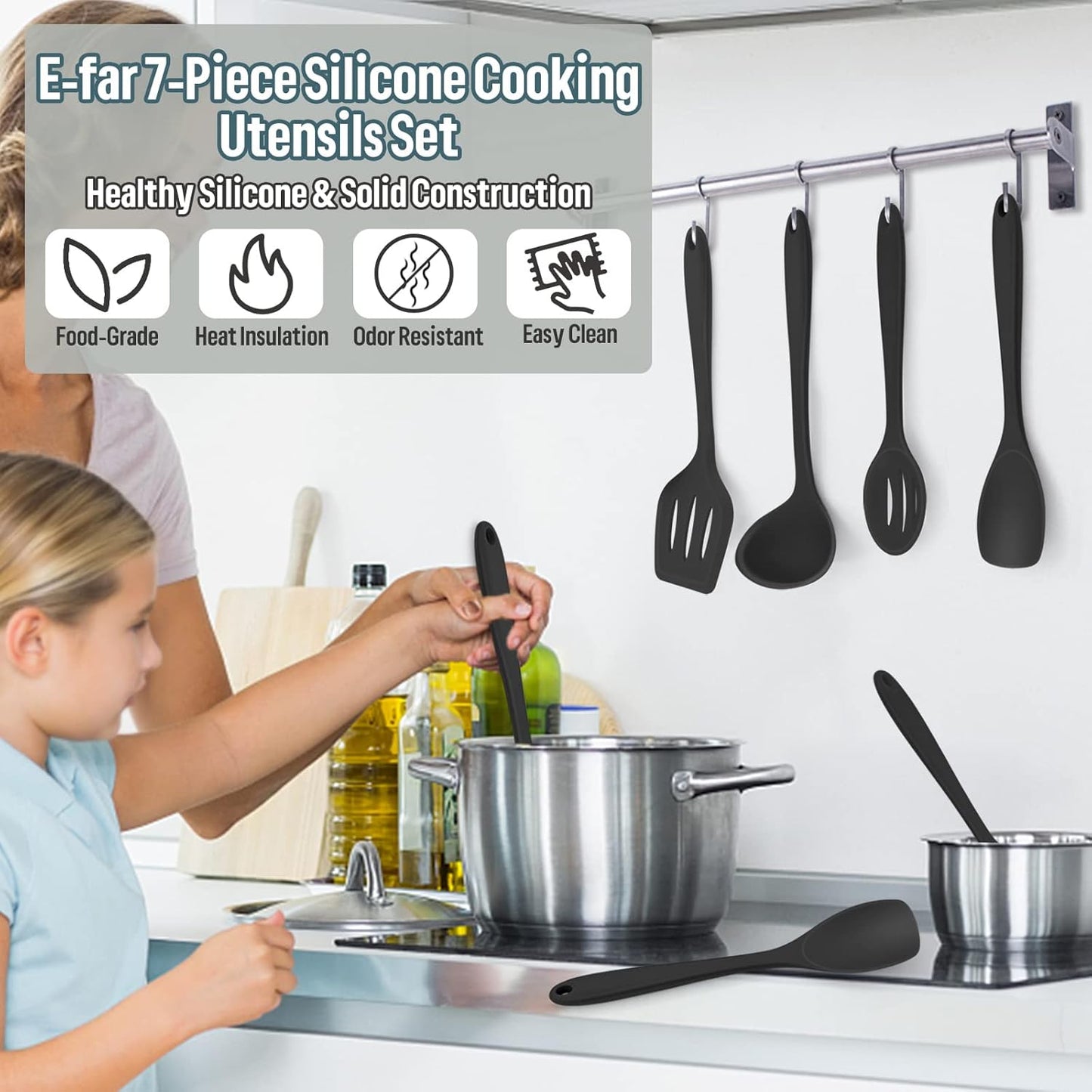 E-far Silicone Cooking Utensils Set, 7-Piece Black Heat Resistant Kitchen Utensils Set, Kitchen Nonstick Tools Spatula Ladle Spoon Pasta Server for Non-stick Cookware, Non-Toxic & Dishwasher safe