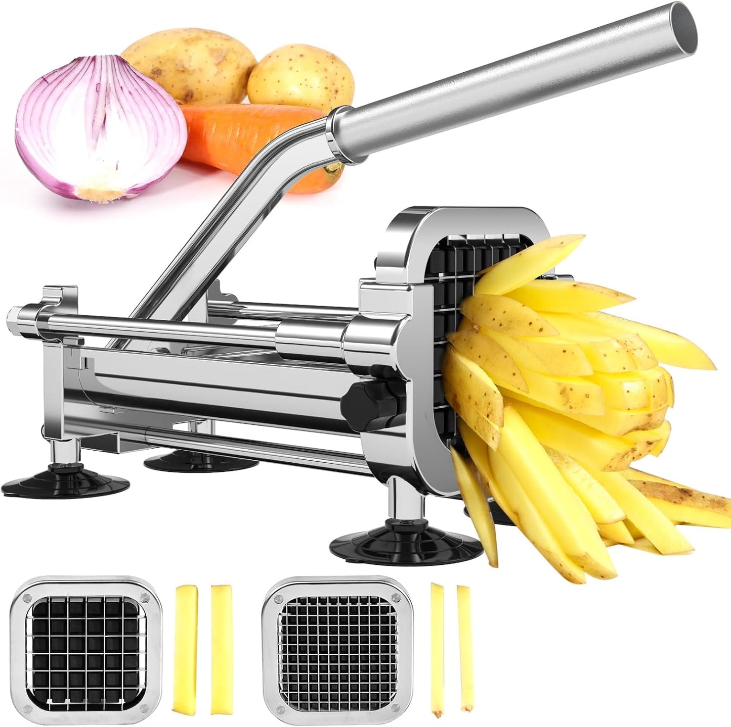 French Fry Cutter, Stainless Steel Potato Cutter with 1/2 Inch, 3/8 Inch and 1/4 Inch Blades (Manual Cutter, 1/2 '' & 3/8 '' & 1/4 '' Blade)