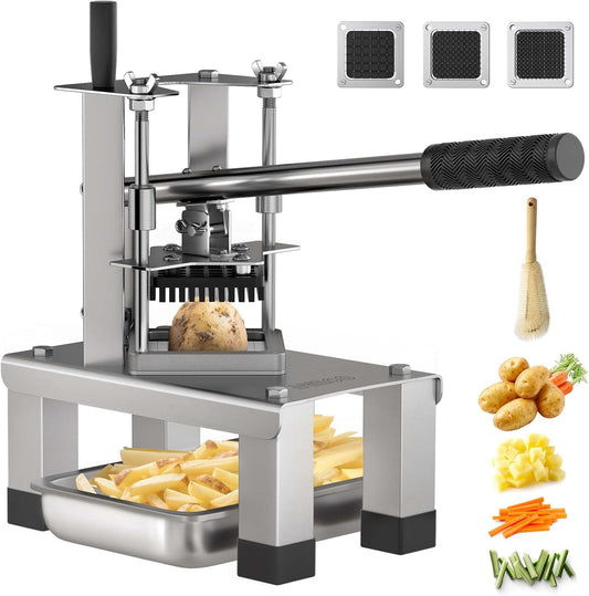 Commercial French Fry Cutter and Vegetable Dicer with 3 Stainless Steel Blades – 3/8", 1/2", 1/4" – Heavy Duty Stainless Steel Potato Slicer for Home and Restaurant Use