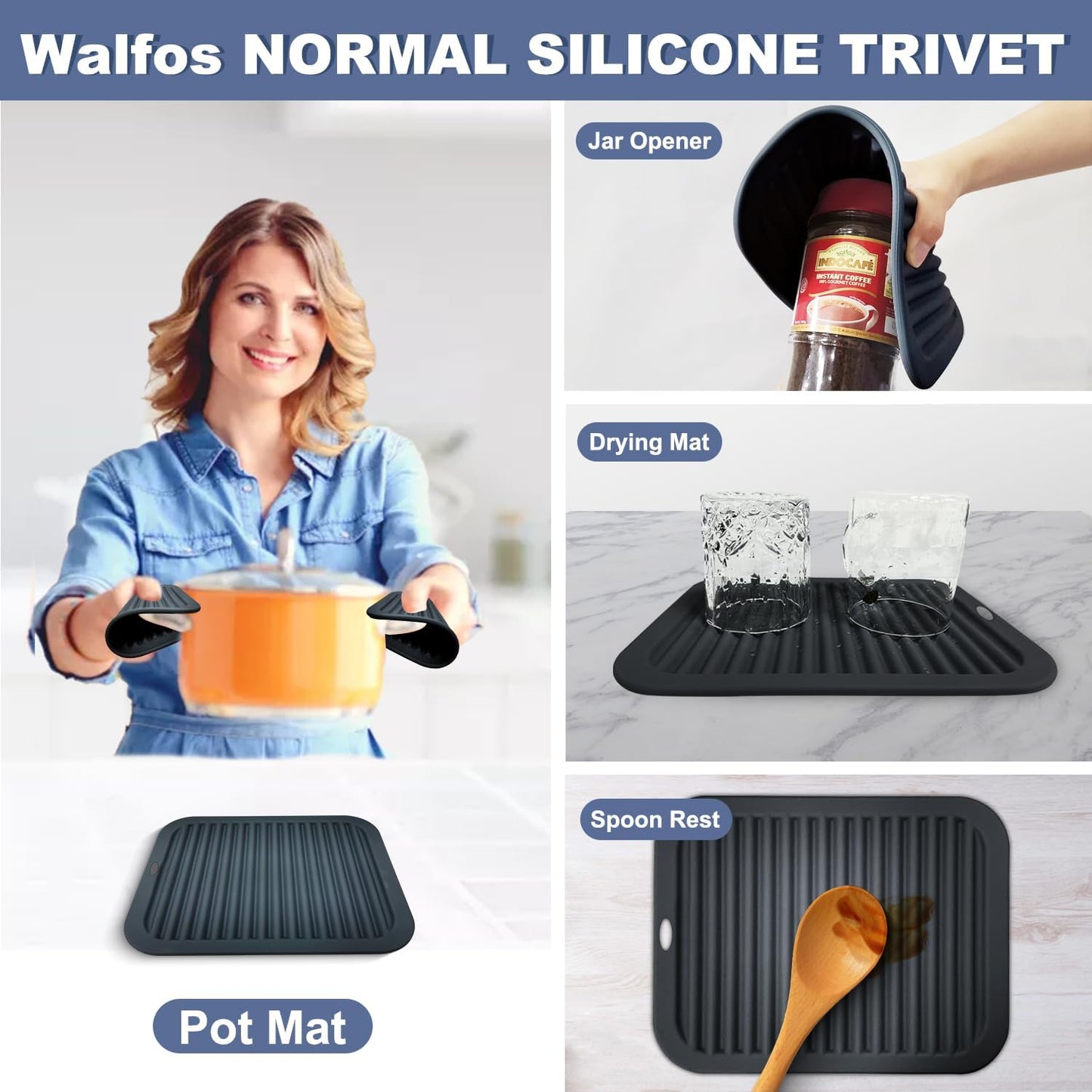Walfos Silicone Trivet Mats - 4 Heat Resistant Pot Holders, Multipurpose Non-Slip Hot Pads for Kitchen Potholders, Hot Dishers, Jar Opener, Spoon Holder, Food Grade Silicone & BPA Free (Black)