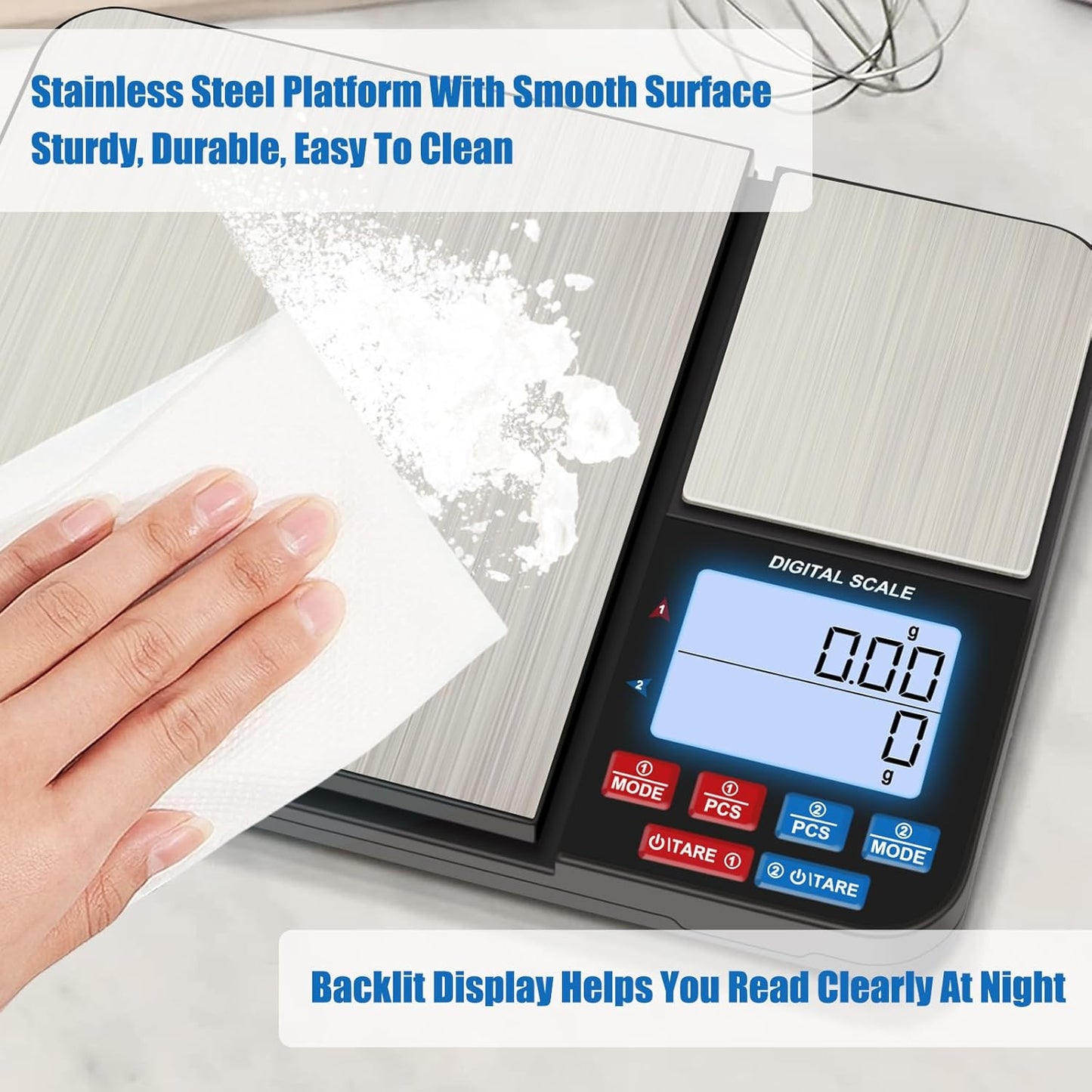 33lb Digital Kitchen Scale Large Weighing Area (9 in), Diyife Professional Electronic Food Scale, Stainless Steel Household Scale, Touch Control, LCD Display, Hangable, 6 Units, Tare, with Batteries