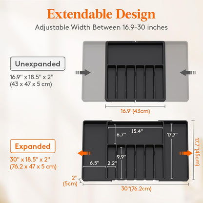 Lifewit Silverware Drawer Organizer, Expandable Utensil Tray for Kitchen, BPA Free Flatware and Cutlery Holder, Adjustable Plastic Storage for Spoons Forks Knives, 11-18 x 14", Black