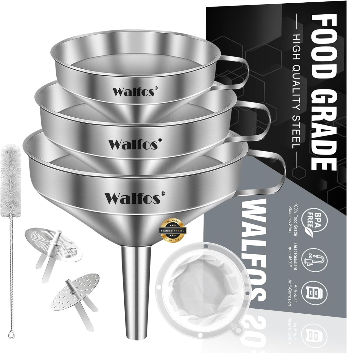 Stainless Steel Funnel, Walfos 4 Pack(4in、3 in、2.2 in、1.7in Kitchen Funnel with 2 Removable Strainer ＆ 1Pcs Cleaning Brush, Perfect for Transferring of Liquid, Oils, Jam, Dry Ingredients & Powder