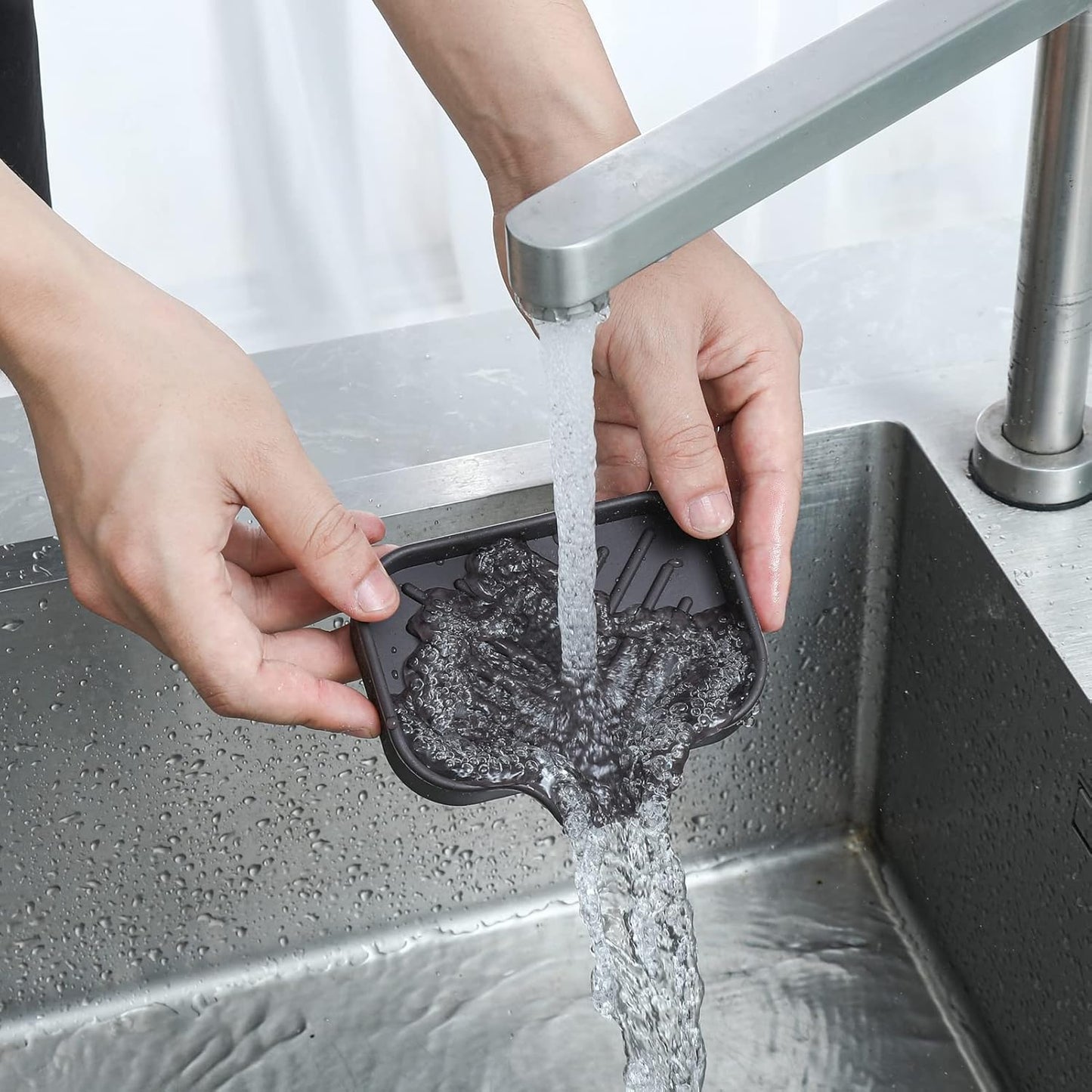 MicoYang Silicone Soap Dish with Drain Spout, Self-Draining Sink Organizer Tray for Bathroom and Kitchen, Sponges, Dispensers and Soap Holder, Non-Slip and Dishwasher Safe, Black (Compact, 4.9"×3.2")