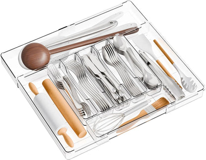 Yieach Acrylic Clear Expandable Kitchen Utensil Drawer Organizer and Silverware Organizer,BPA FREE Adjustable Silverware Tray for Drawer Cutlery,Spatula,Tools,Flatware Organizers,Fork and Spoon Holder