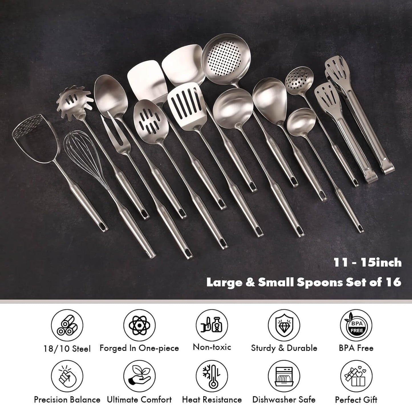 18/10 Stainless Steel Kitchen Utensils Set - 15” All Metal Cooking Tools, 11PCS - 2 Tongs, Fork, Solid Spoon, Slotted Spoon, Spatula, Soup Ladle, Skimmer, Slotted Spatula, Spaghetti Spoon, Large Spoon