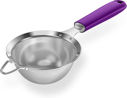 18/8 Stainless Steel Mesh Strainer: U-Taste 5.5 Inch Kitchen Fine Mesh Sieve Food Colander with Riveted Sturdy Silicone Handle and 30 Mesh Hole for Straining Flour, Pasta, Fruit, Quinoa(Aqua Sky)
